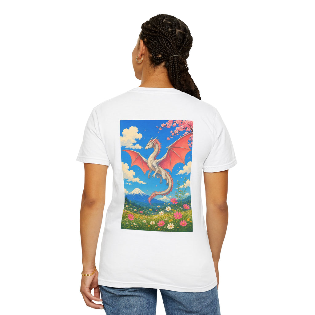 Dragon Garden T‑Shirt — Japanese Wave Kanji Front & Colorful Dragon Back