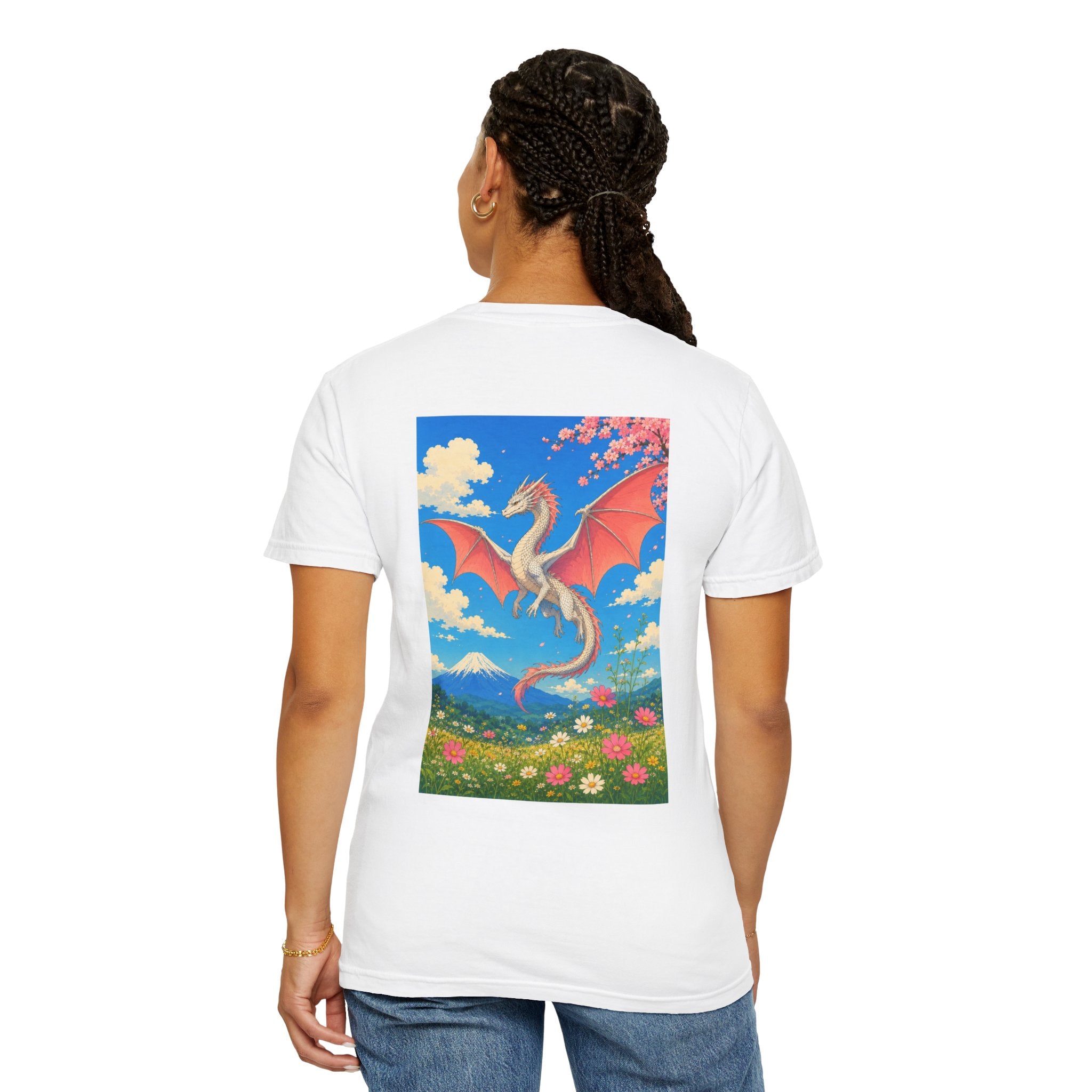 Dragon Garden T‑Shirt — Japanese Wave Kanji Front & Colorful Dragon Back